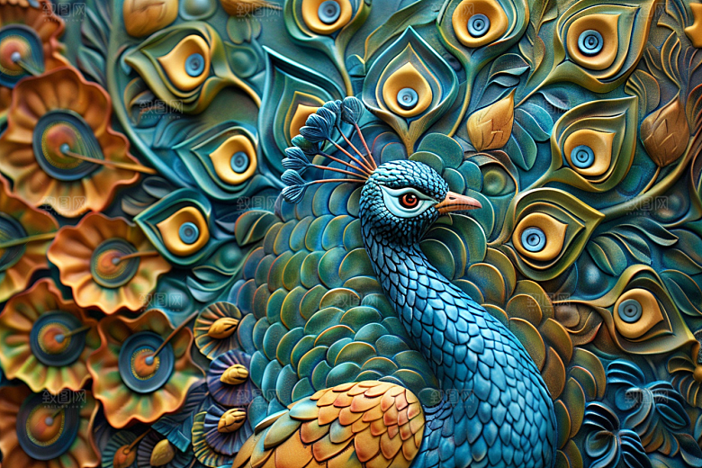 浮雕孔雀绚丽油画素材