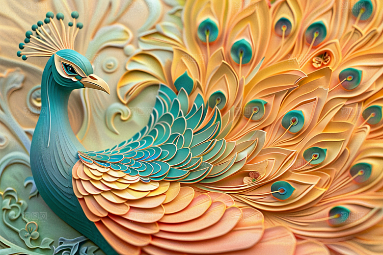 浮雕孔雀雕刻3D素材