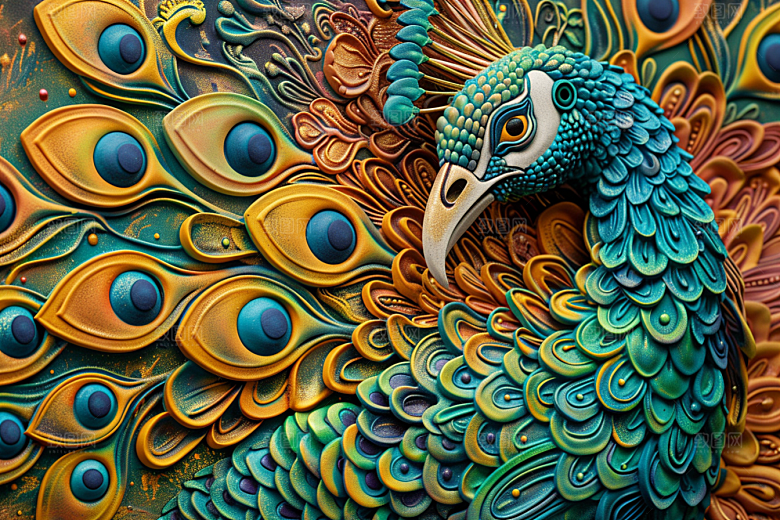 浮雕孔雀油画3D素材