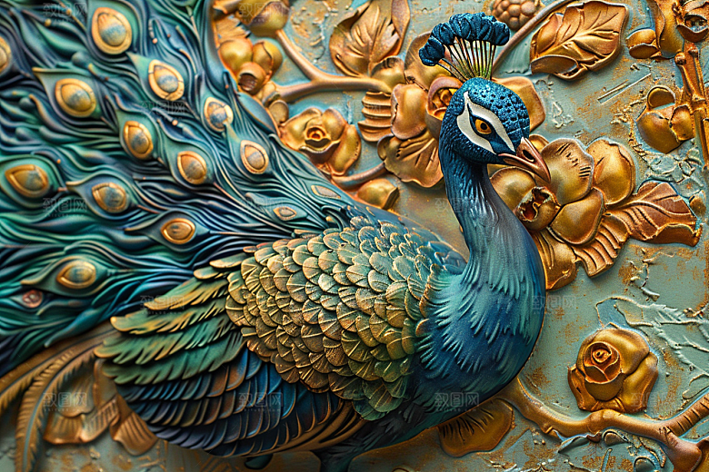 浮雕孔雀油画3D素材