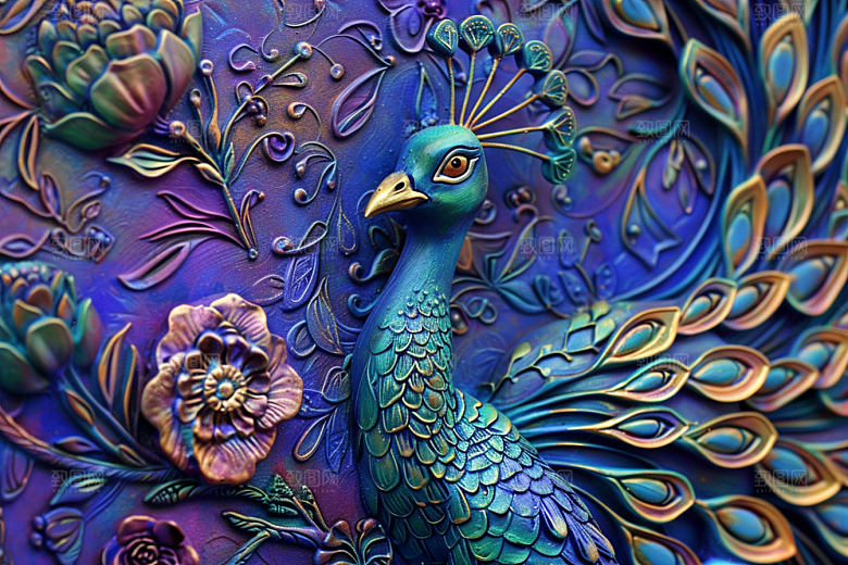 浮雕孔雀国潮风油画素材