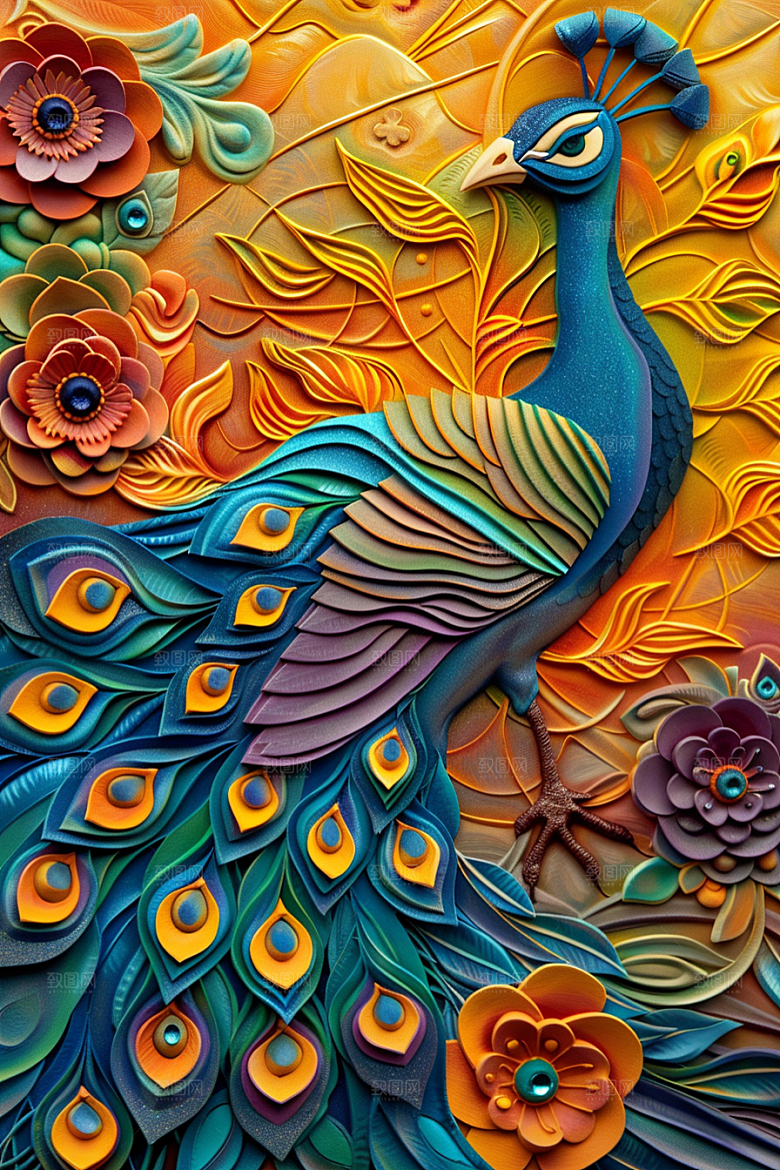 浮雕孔雀彩色质感素材