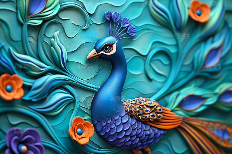 浮雕孔雀绚丽油画素材