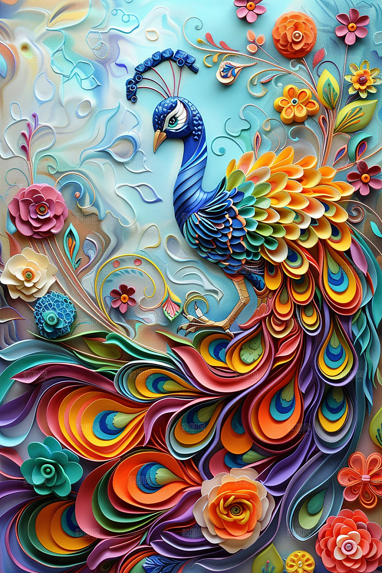 浮雕孔雀国潮风油画素材