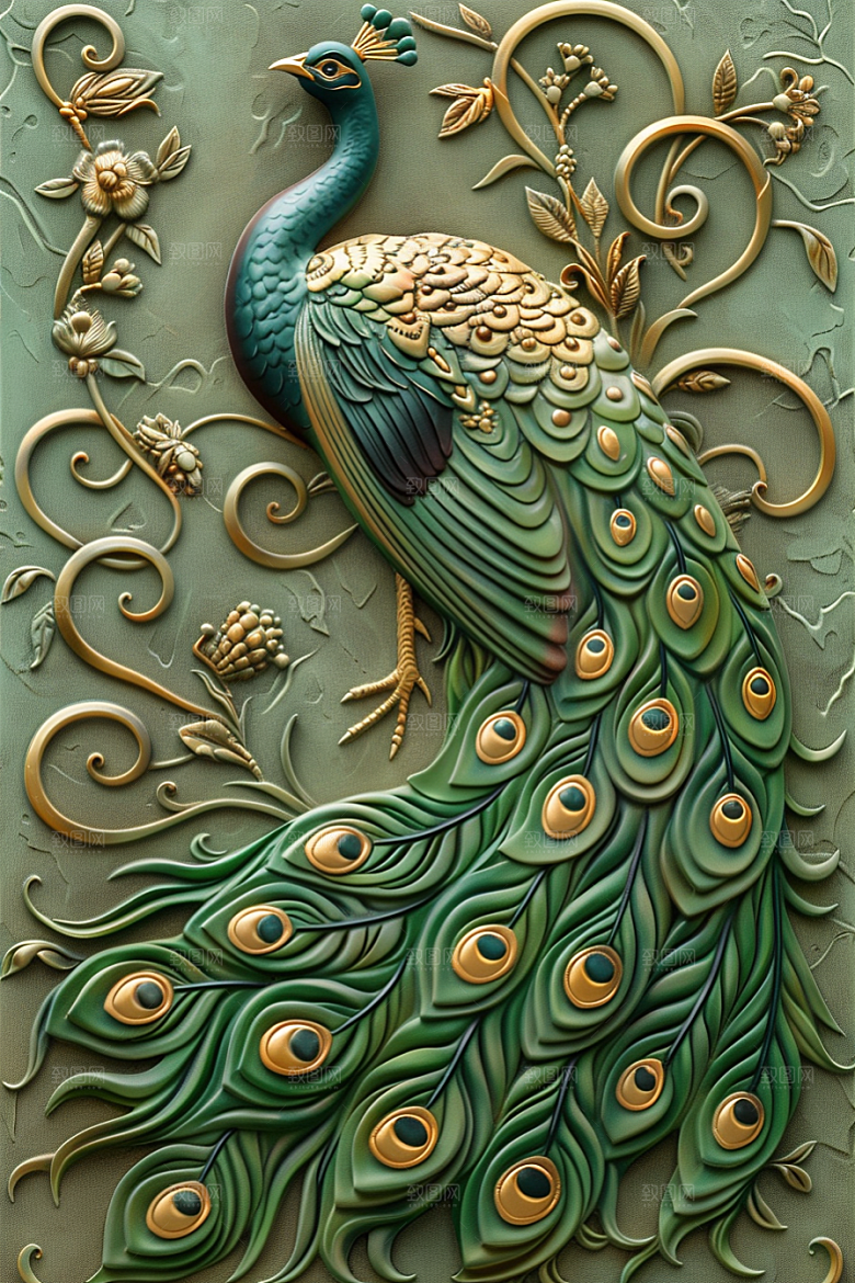 浮雕孔雀油画纹理素材