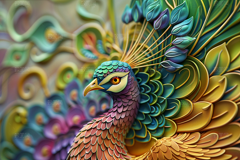 浮雕孔雀精致油画素材