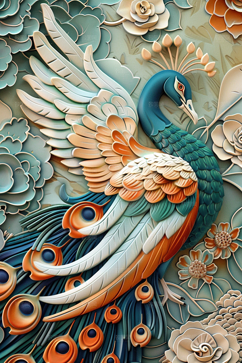浮雕孔雀国潮风凹凸素材