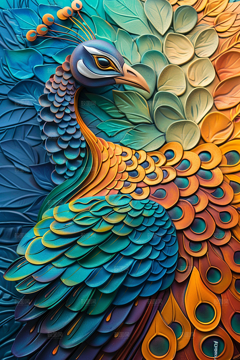 浮雕孔雀唯美3D素材
