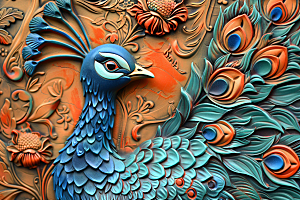 浮雕孔雀油画彩色素材