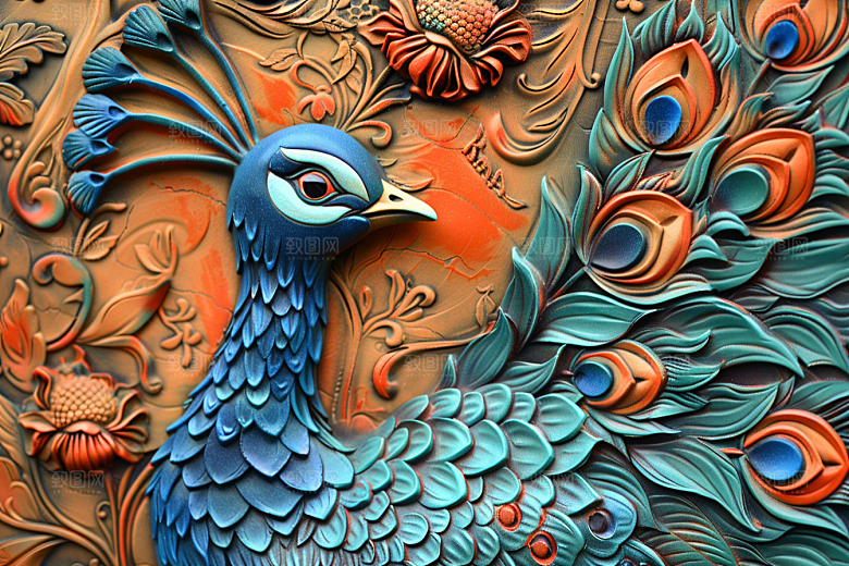 浮雕孔雀油画彩色素材