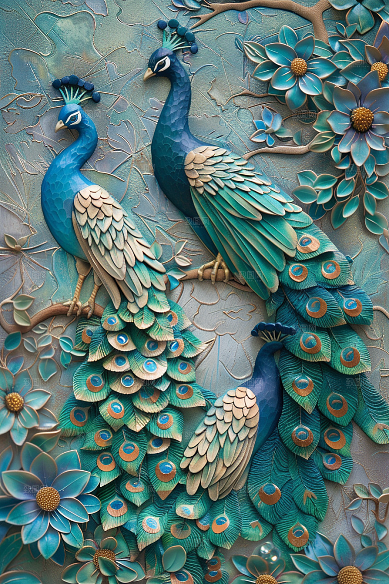 浮雕孔雀油画彩色素材