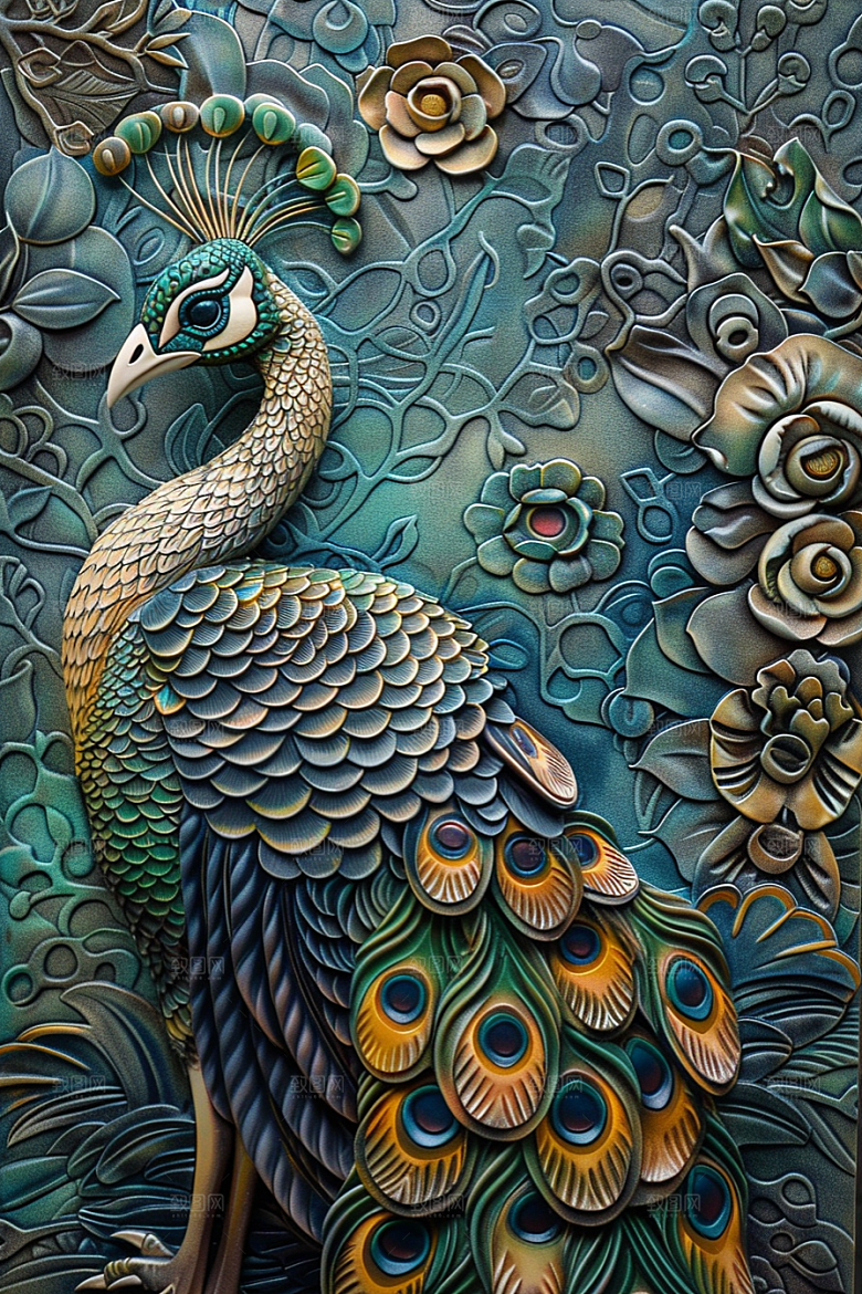 浮雕孔雀肌理立体素材