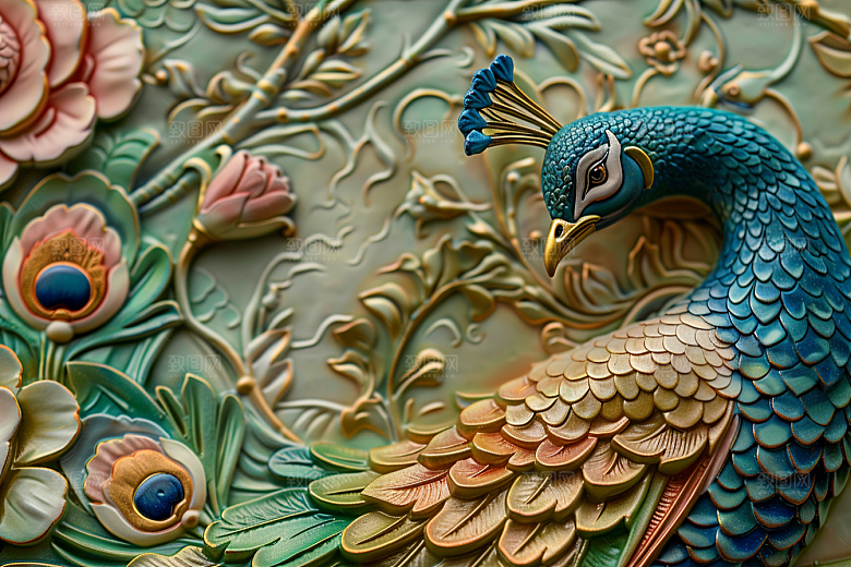 浮雕孔雀质感雕刻素材