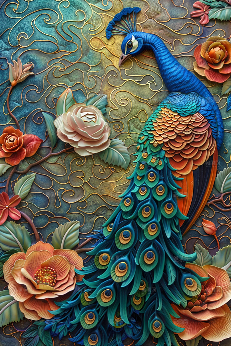 浮雕孔雀绚丽立体素材