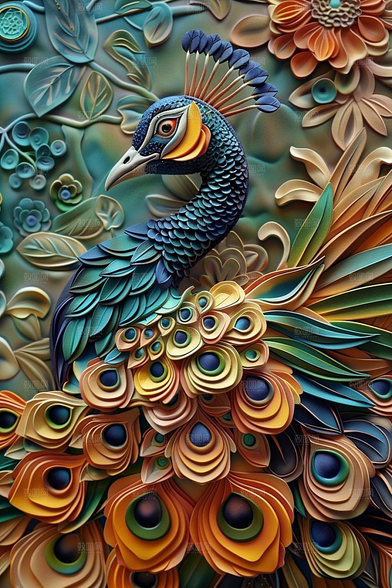 浮雕孔雀高清油画素材