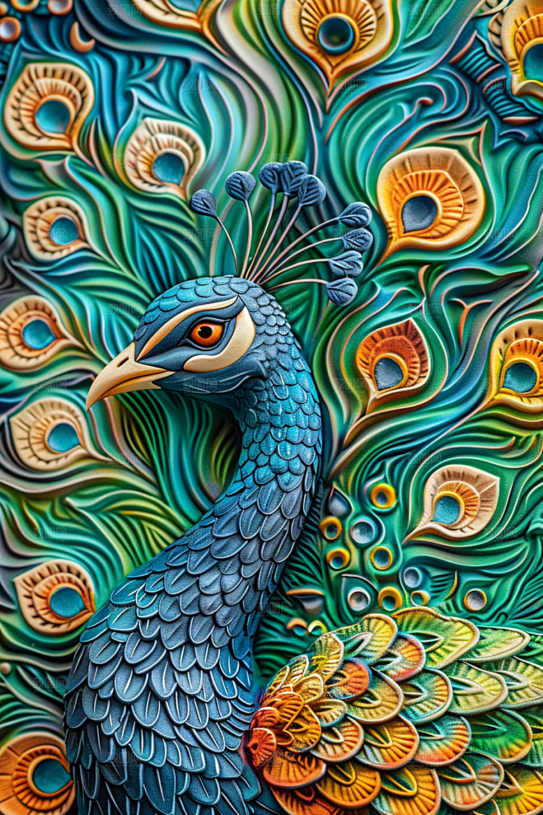 浮雕孔雀唯美纹理素材