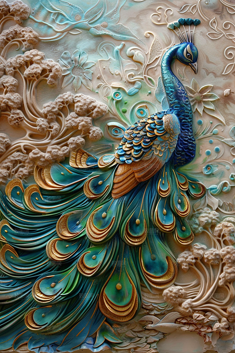 浮雕孔雀3D彩色素材