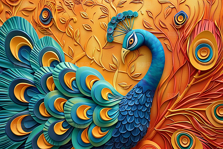 浮雕孔雀油画3D素材