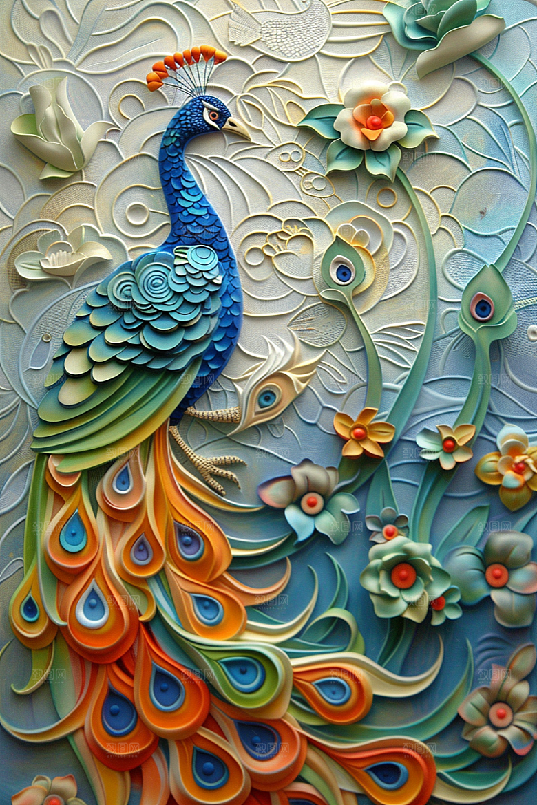 浮雕孔雀立体纹理素材
