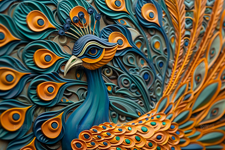 浮雕孔雀油画彩色素材