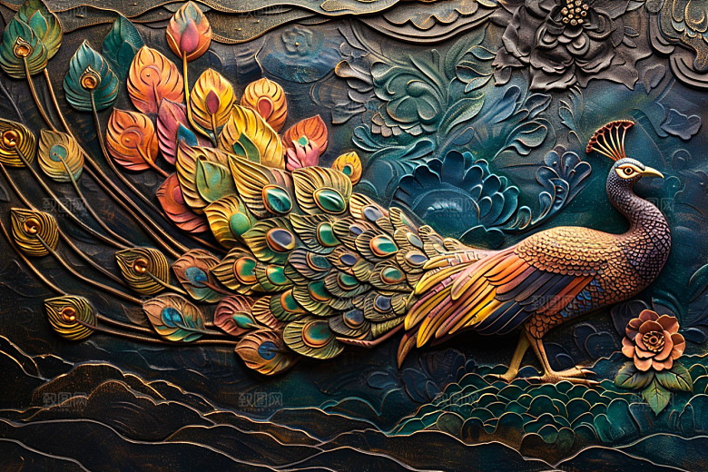 浮雕孔雀彩色凹凸素材