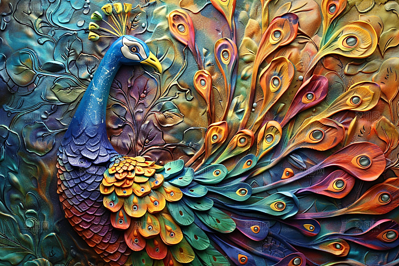浮雕孔雀油画立体素材