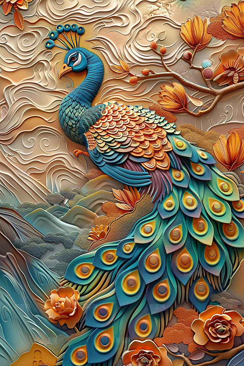 浮雕孔雀油画精致素材