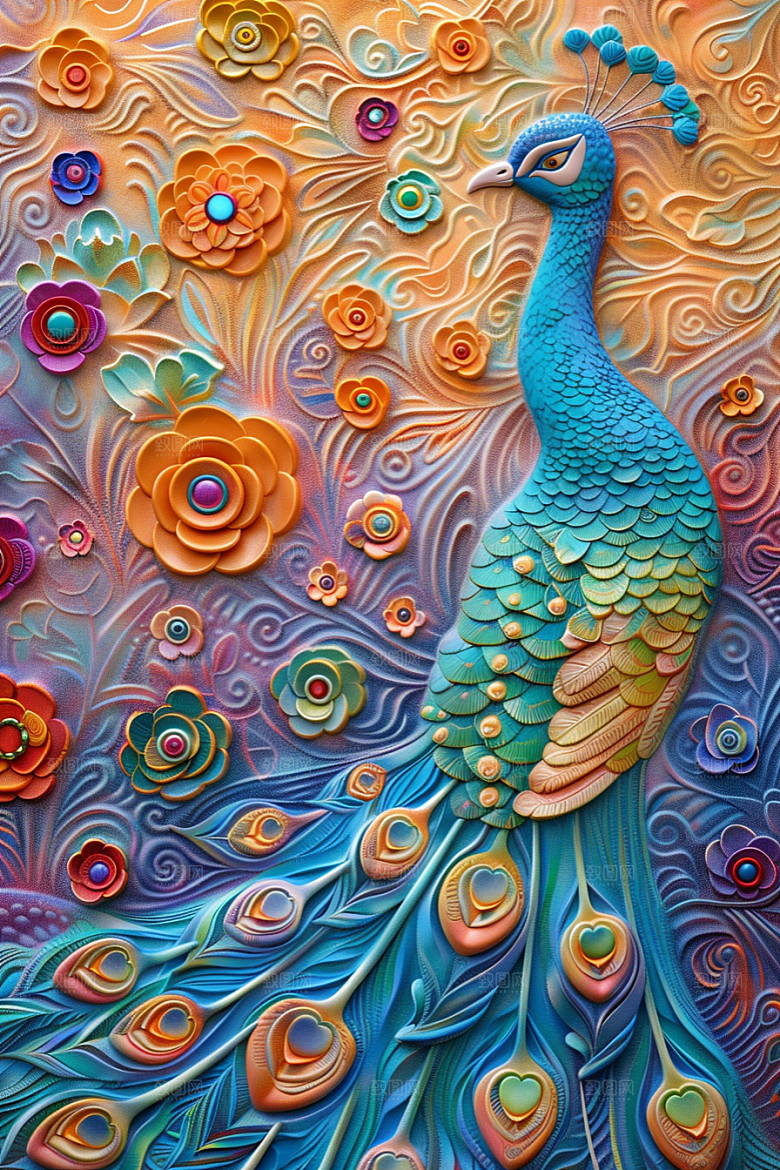 浮雕孔雀3D油画素材