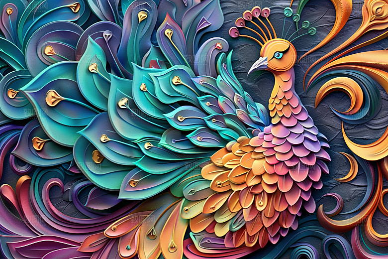 浮雕孔雀3D油画素材