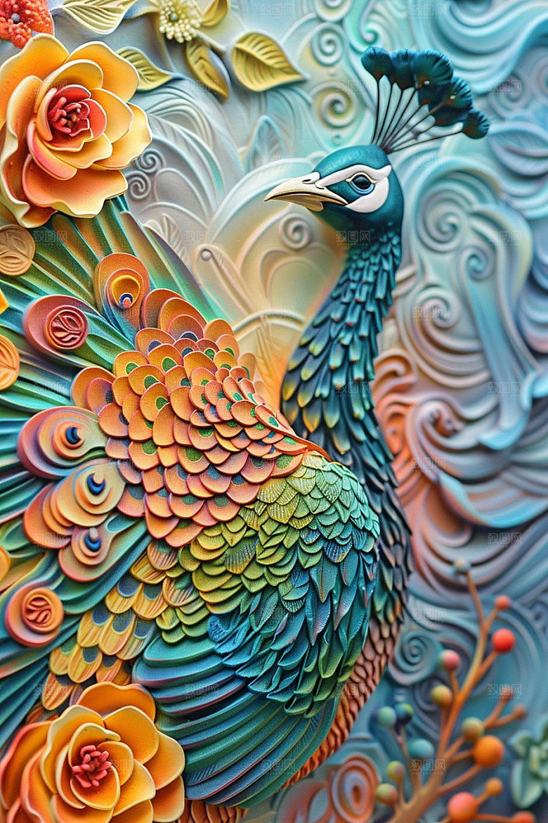 浮雕孔雀高清肌理素材