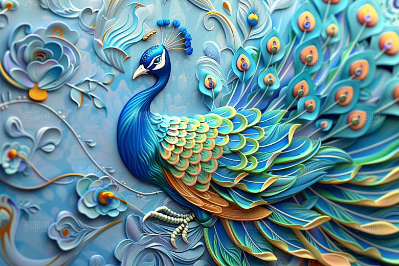 浮雕孔雀绚丽纹理素材