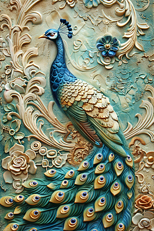 浮雕孔雀雕刻彩色素材