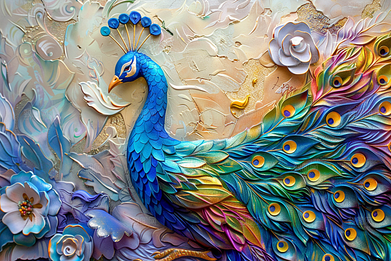 浮雕孔雀彩色油画素材