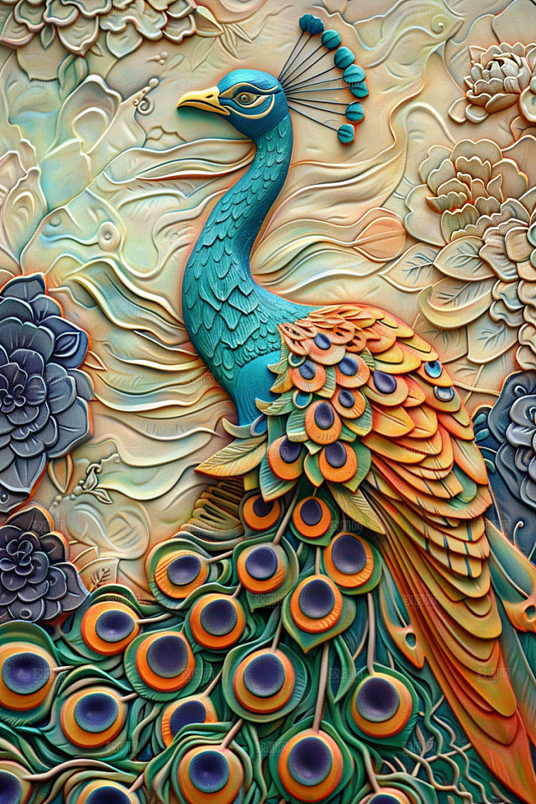 浮雕孔雀质感3D素材