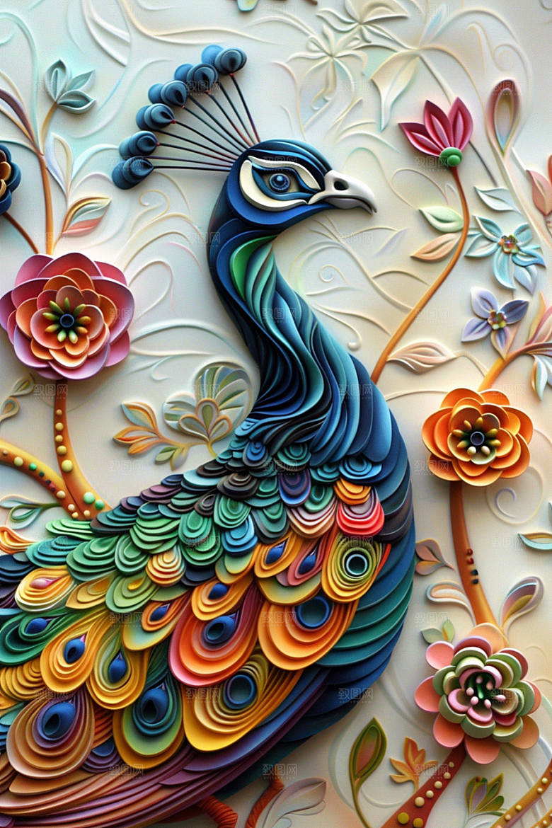 浮雕孔雀唯美3D素材