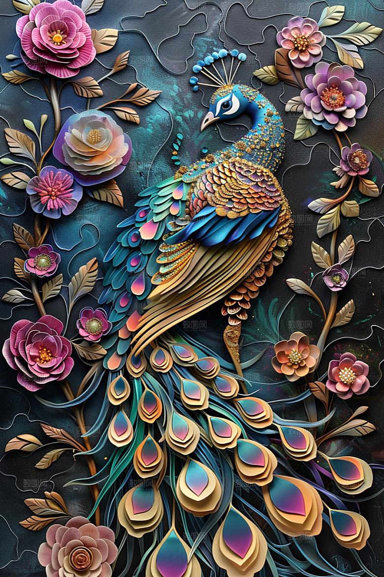 浮雕孔雀雕刻油画素材