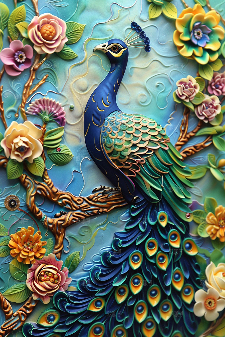 浮雕孔雀纹理油画素材