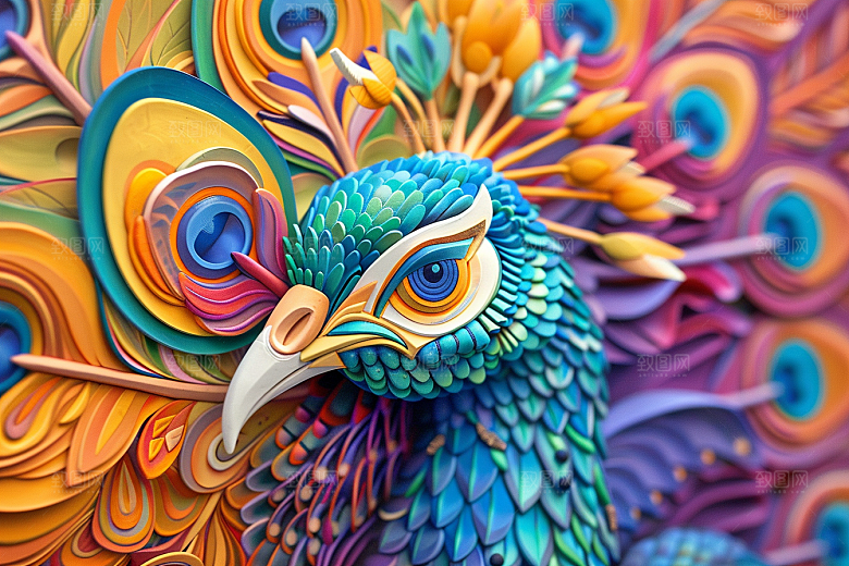 浮雕孔雀绚丽唯美素材