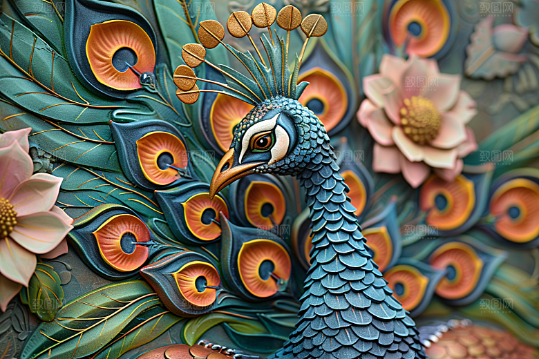 浮雕孔雀彩色凹凸素材