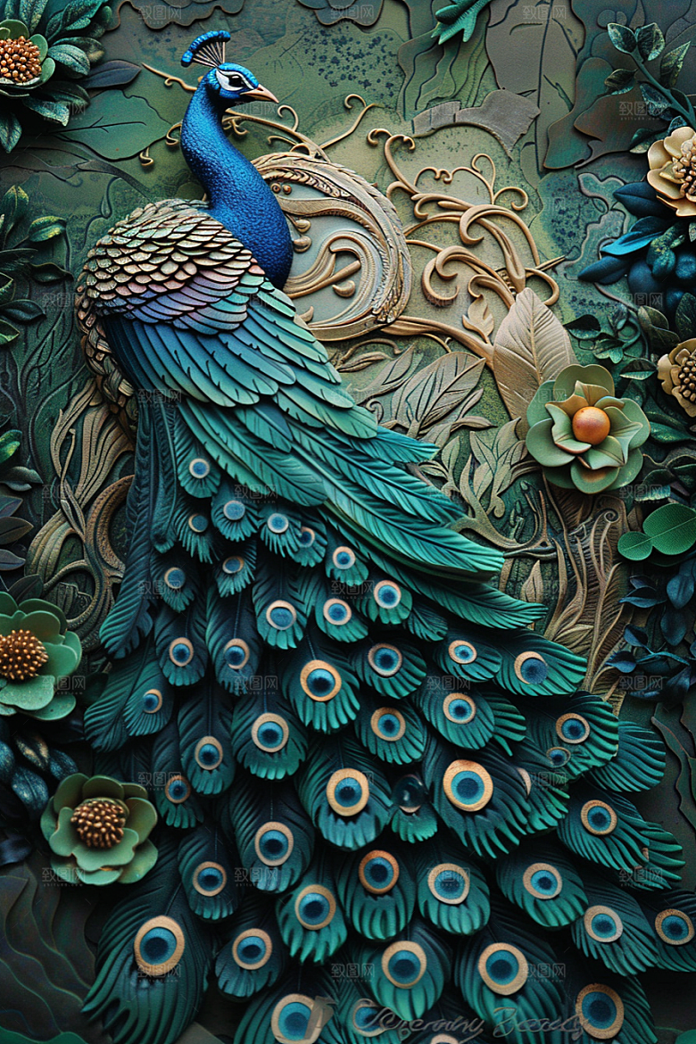 浮雕孔雀立体质感素材