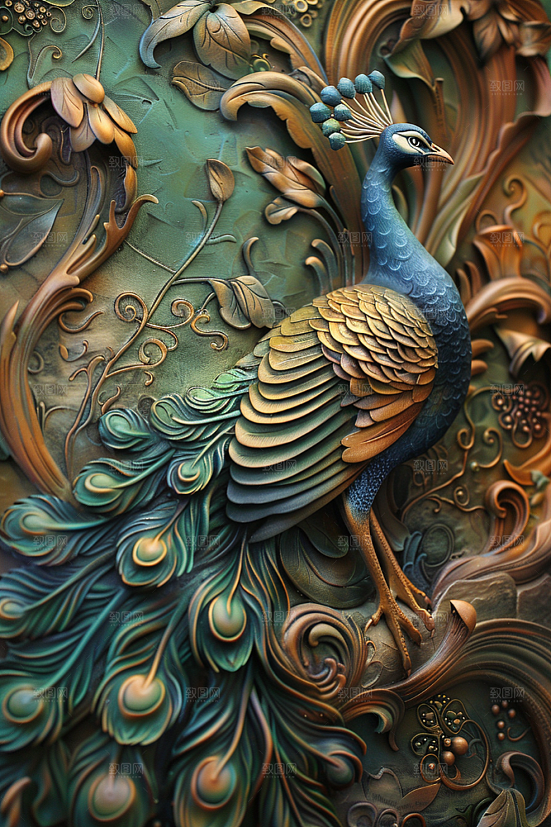 浮雕孔雀绚丽高清素材