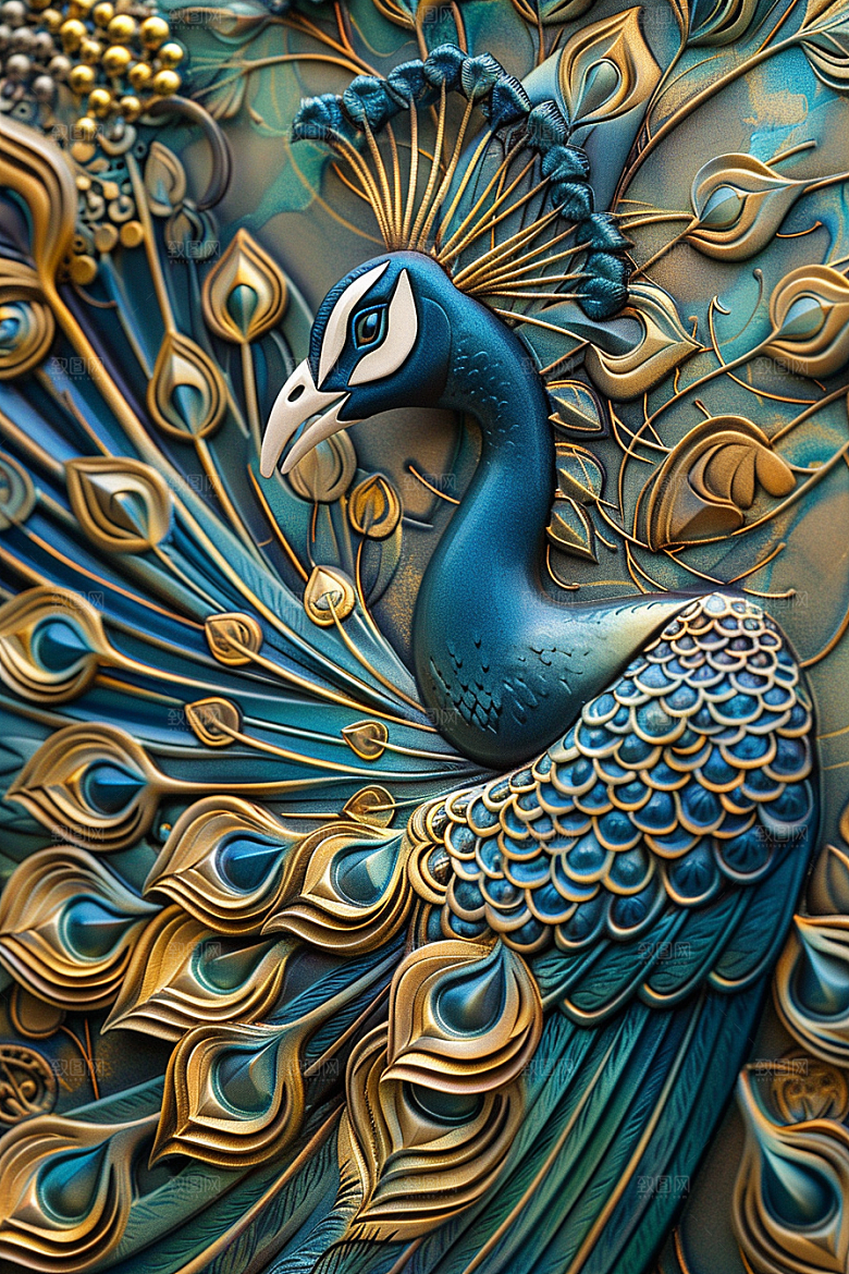 浮雕孔雀精致油画素材