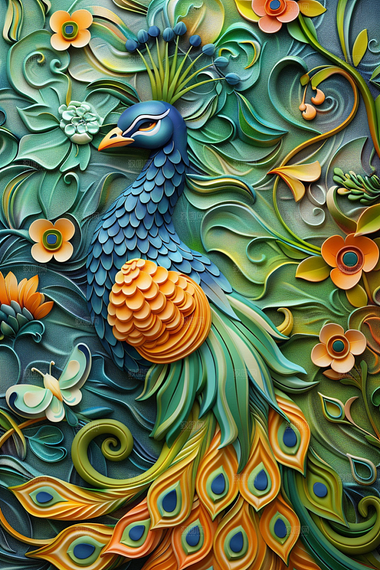 浮雕孔雀3D肌理素材