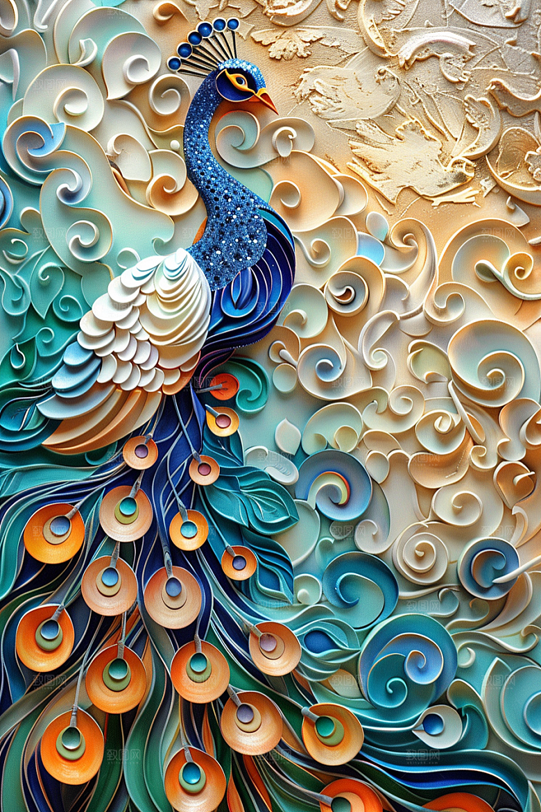 浮雕孔雀立体唯美素材