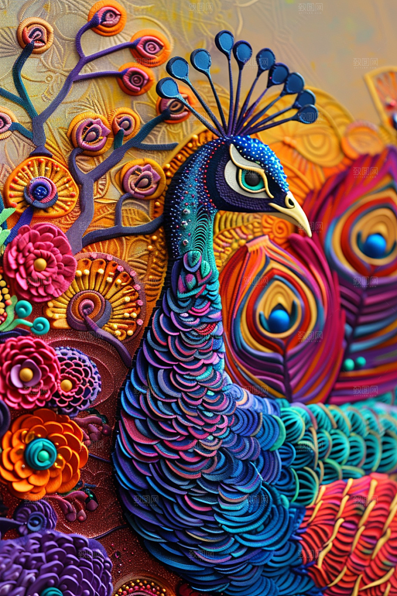 浮雕孔雀油画3D素材