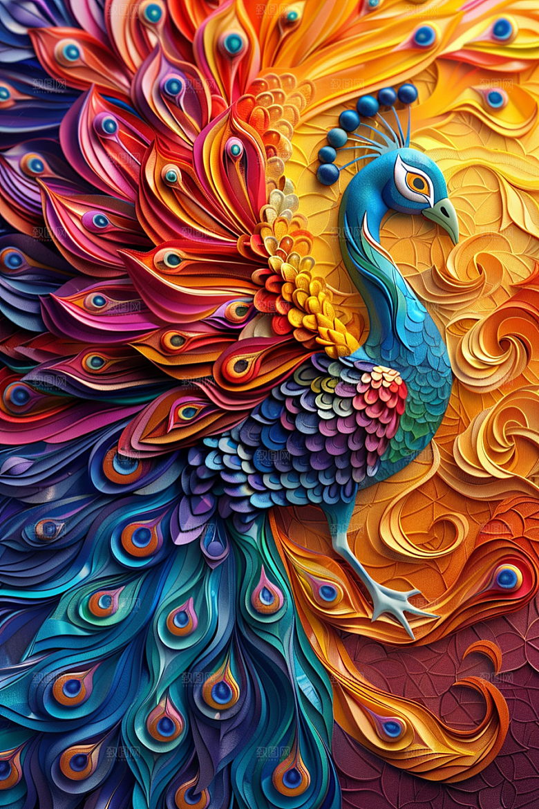 浮雕孔雀3D国潮风素材