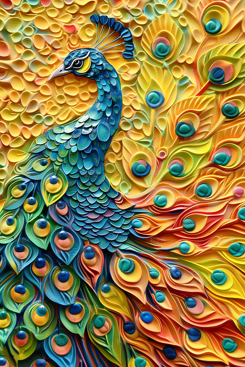 浮雕孔雀国潮风油画素材