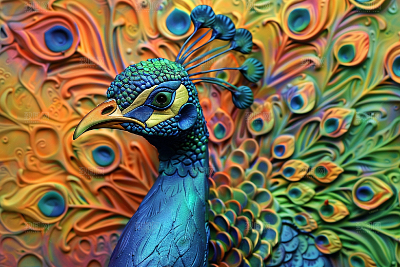 浮雕孔雀唯美油画素材