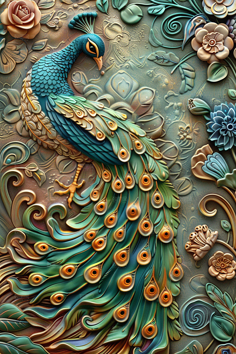 浮雕孔雀雕刻油画素材