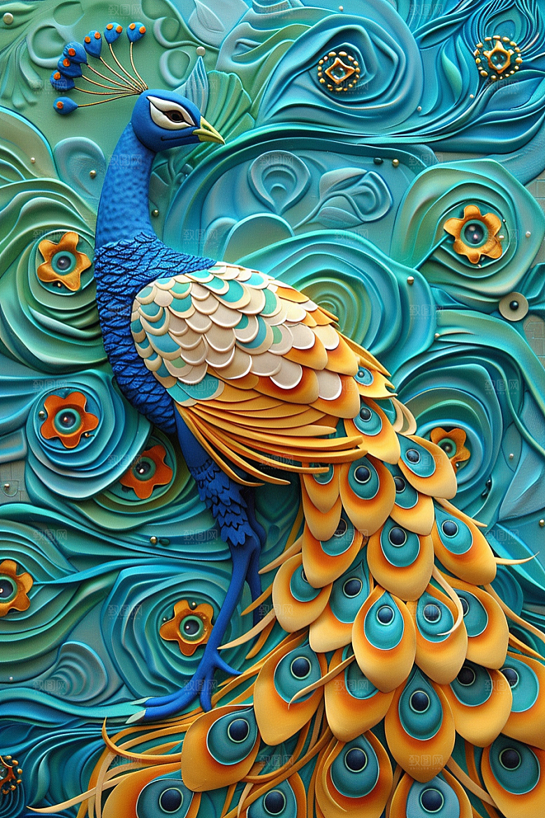 浮雕孔雀3D彩色素材
